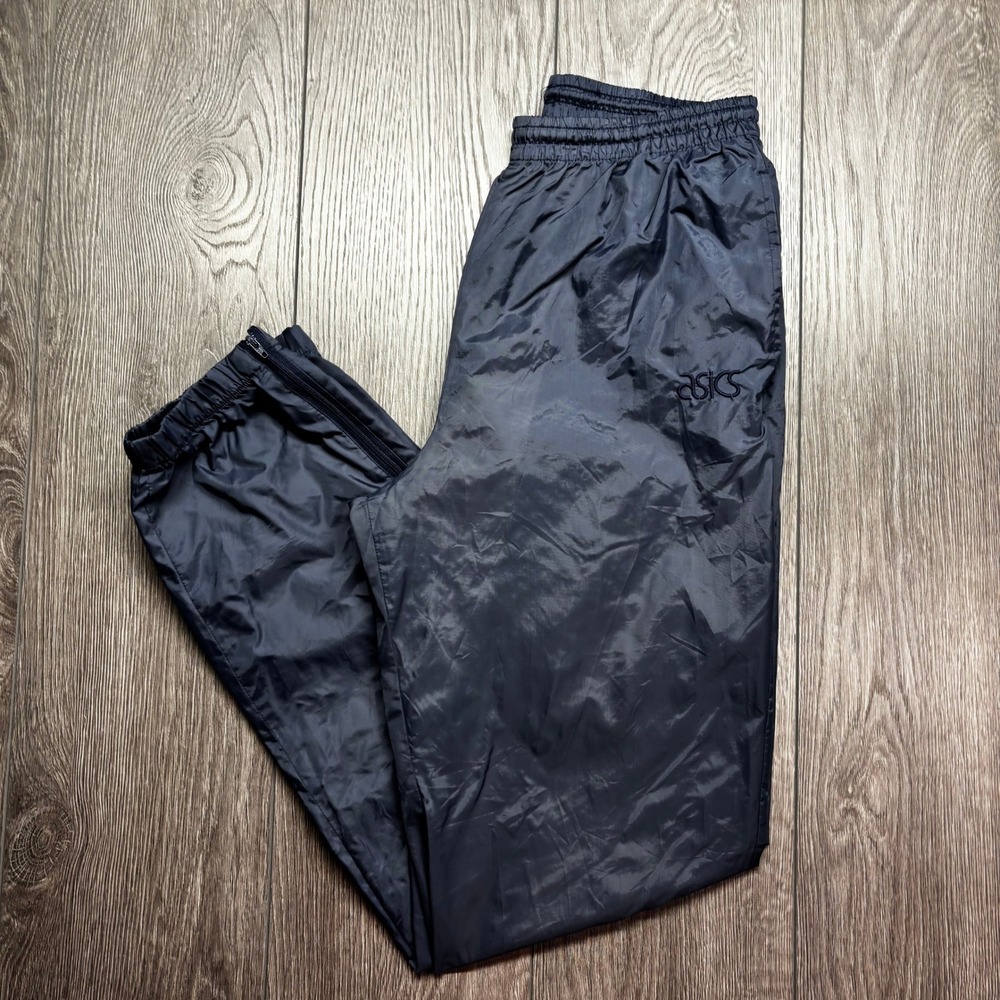 Asics Mens Vintage Windbreaker Track Pants Navy Blue Nylon Joggers Size M 7504